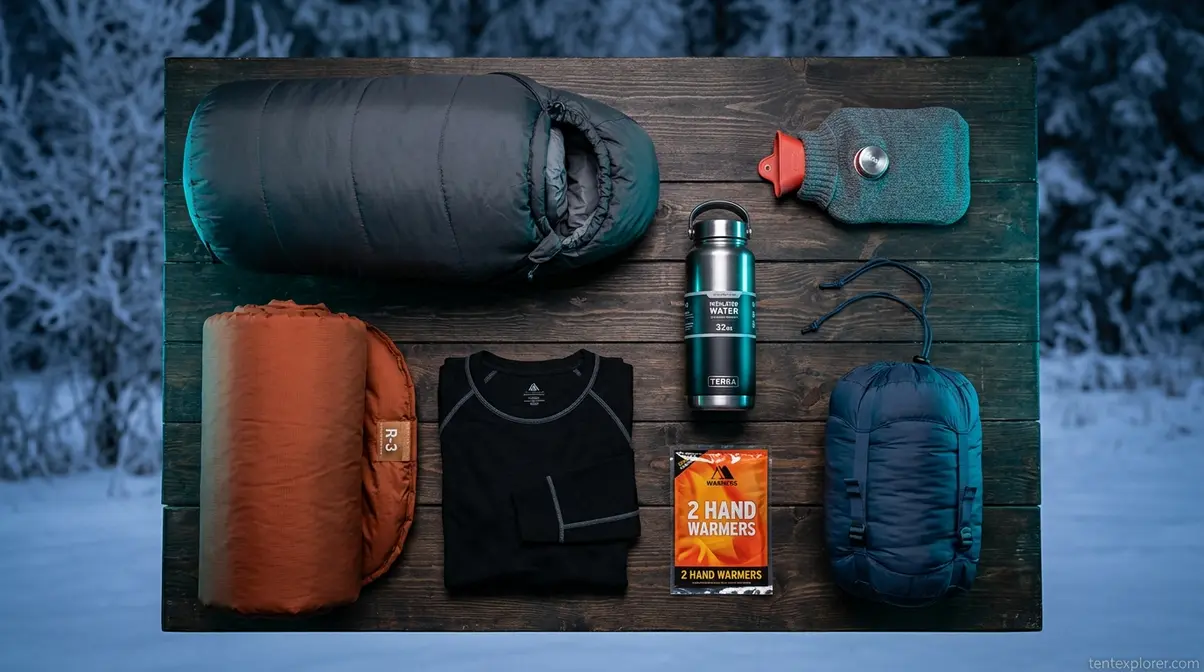 Cold weather camping gear additions showing winter sleeping bag, high R-value pad, hand warmers, and insulated bottle