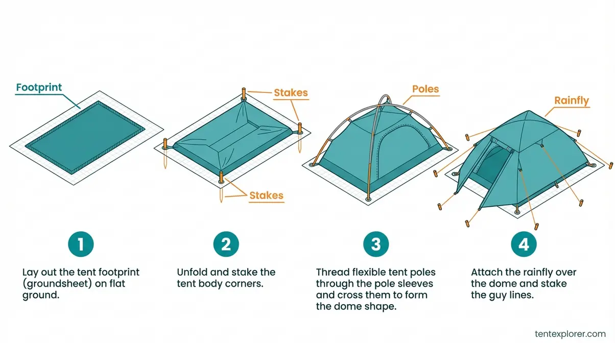 Step-by-step diagram showing how to pitch a dome tent with footprint, stakes, poles, and rainfly for camping