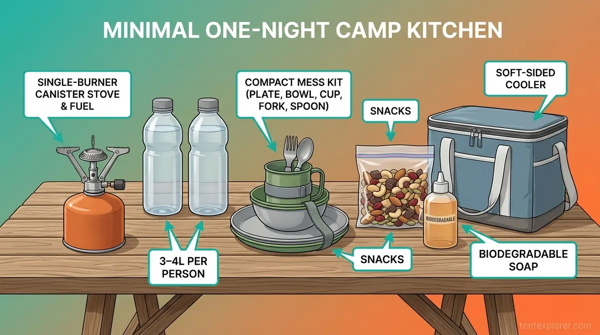 One-night camp kitchen setup infographic showing stove, water bottles, mess kit, and food bag for overnight camping