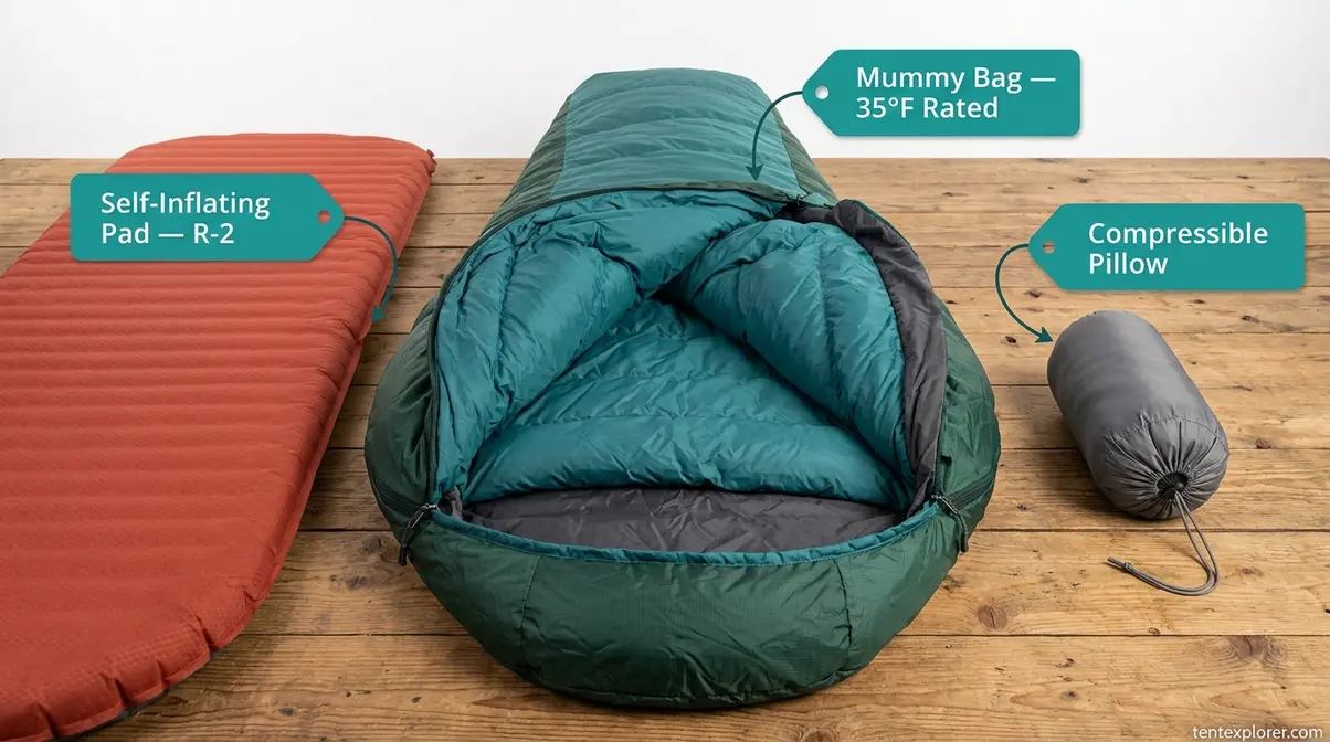Camping sleep system showing mummy sleeping bag, self-inflating pad, and compressible pillow for overnight camping