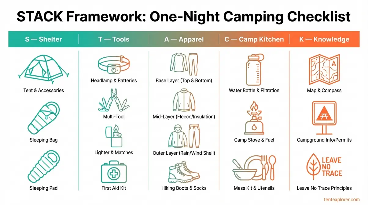 STACK Framework one-night camping checklist infographic showing shelter, tools, apparel, kitchen, and knowledge categories