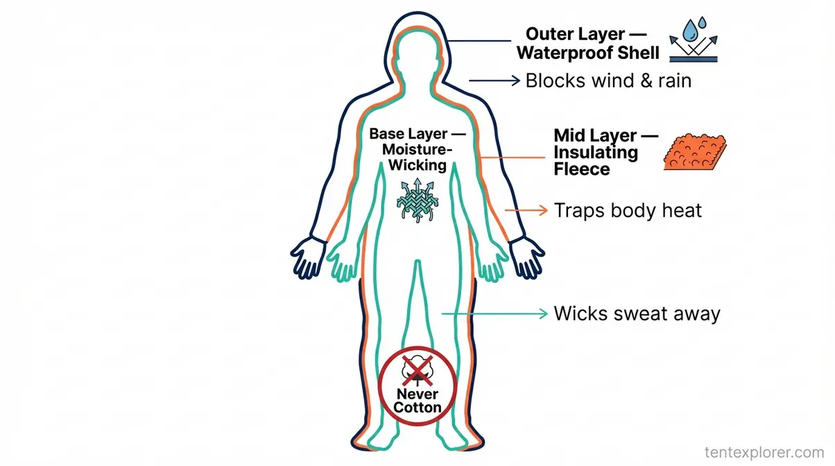 Three-layer camping clothing system diagram showing moisture-wicking base, insulating mid-layer, and waterproof outer shell