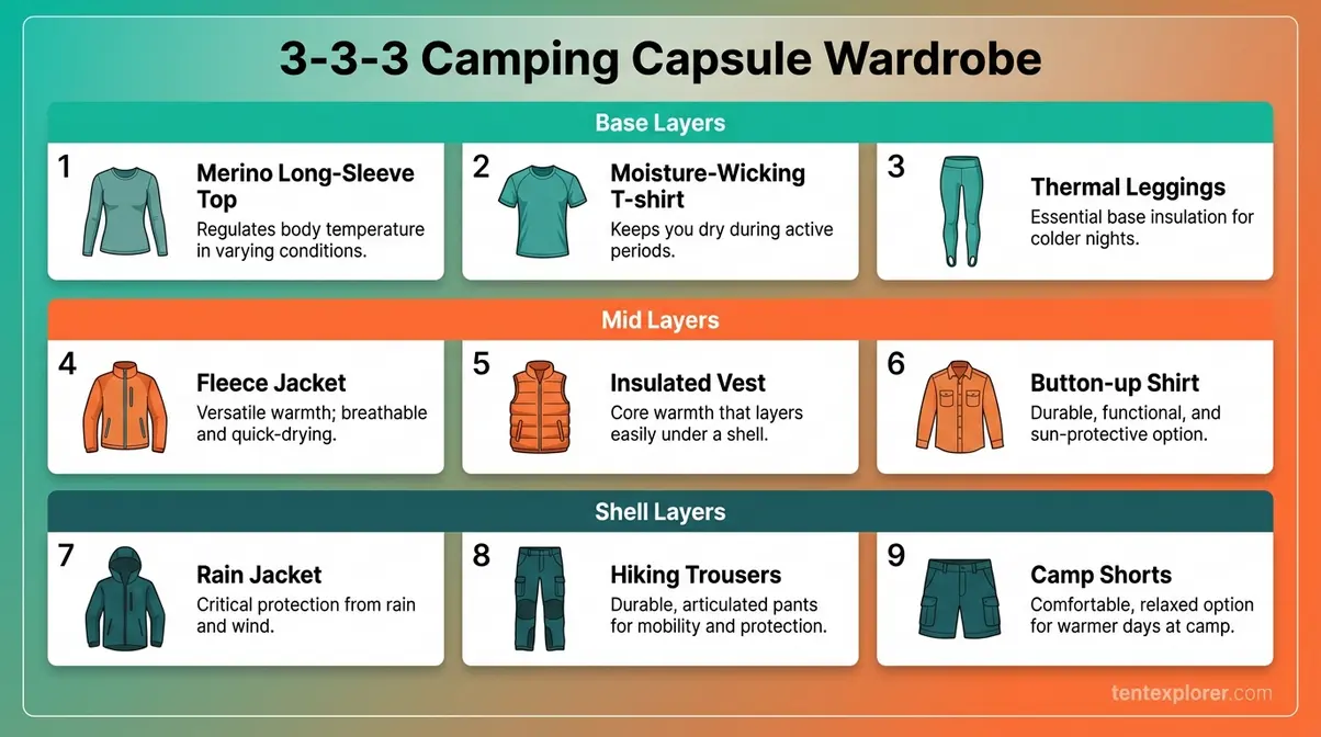3-3-3 camping capsule wardrobe visual layout showing nine clothing items across three layers