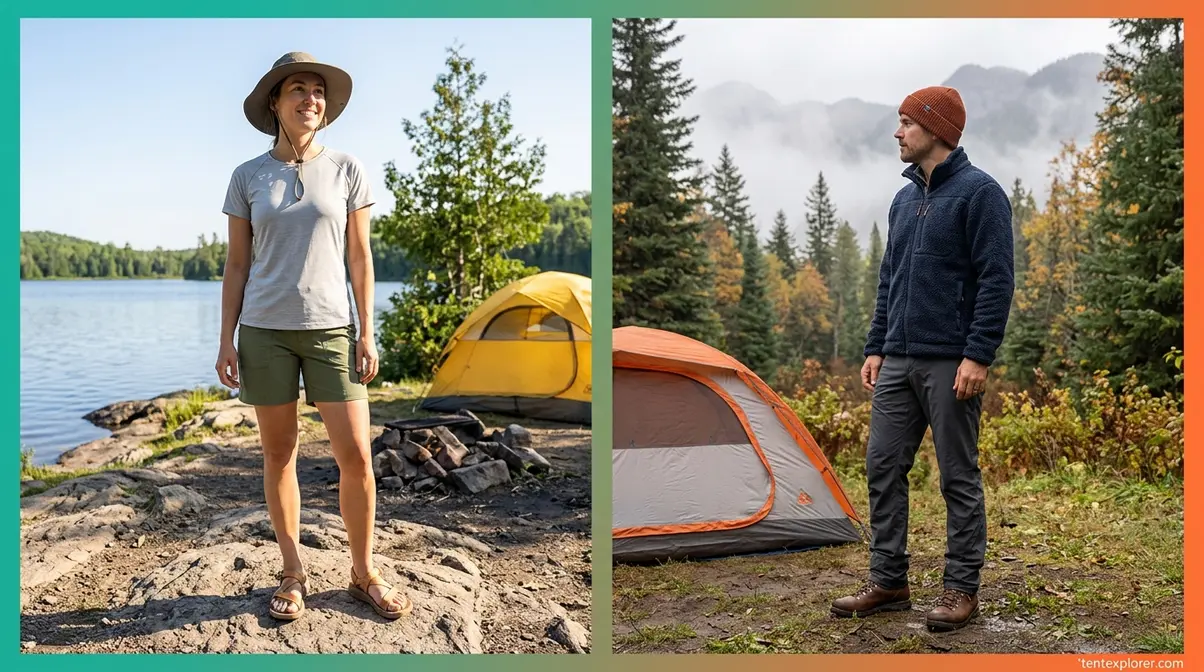 Camping clothing by season showing summer and cold-weather outfit comparison at campsite