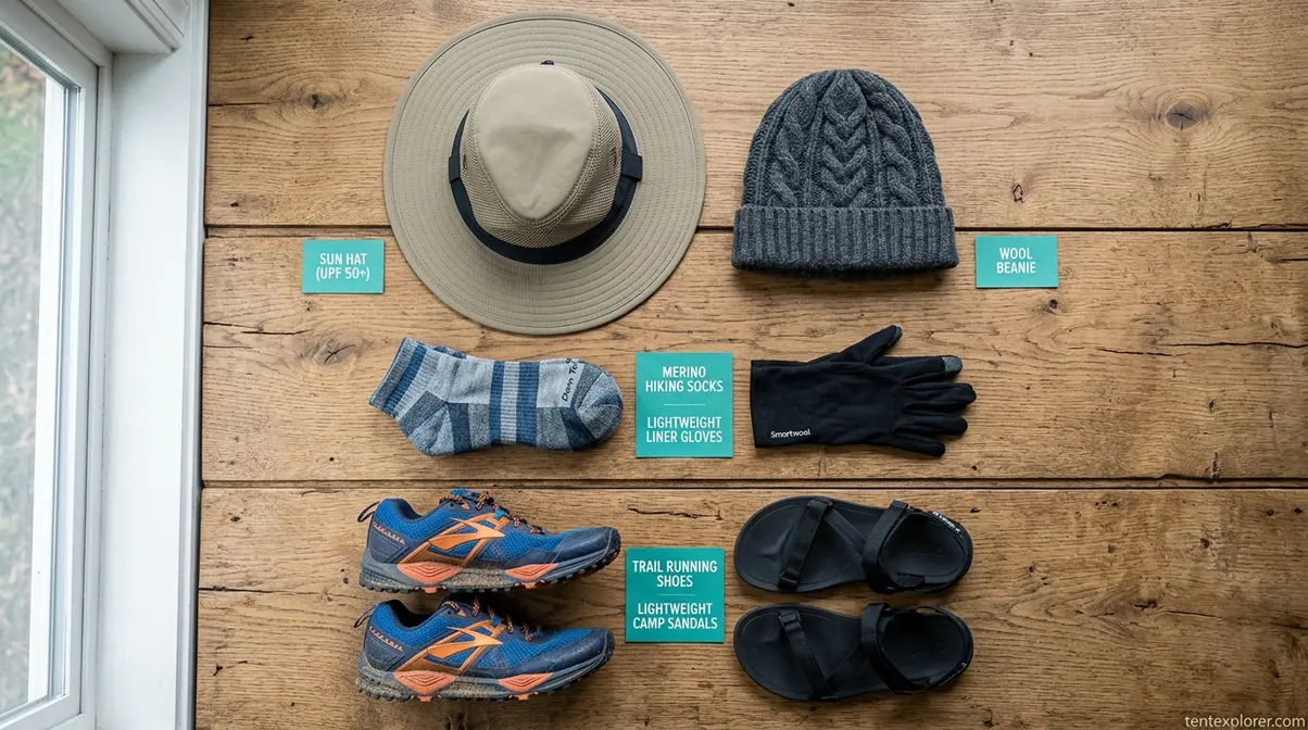 Camping extremities gear flat lay showing sun hat wool socks gloves hiking shoes and sandals