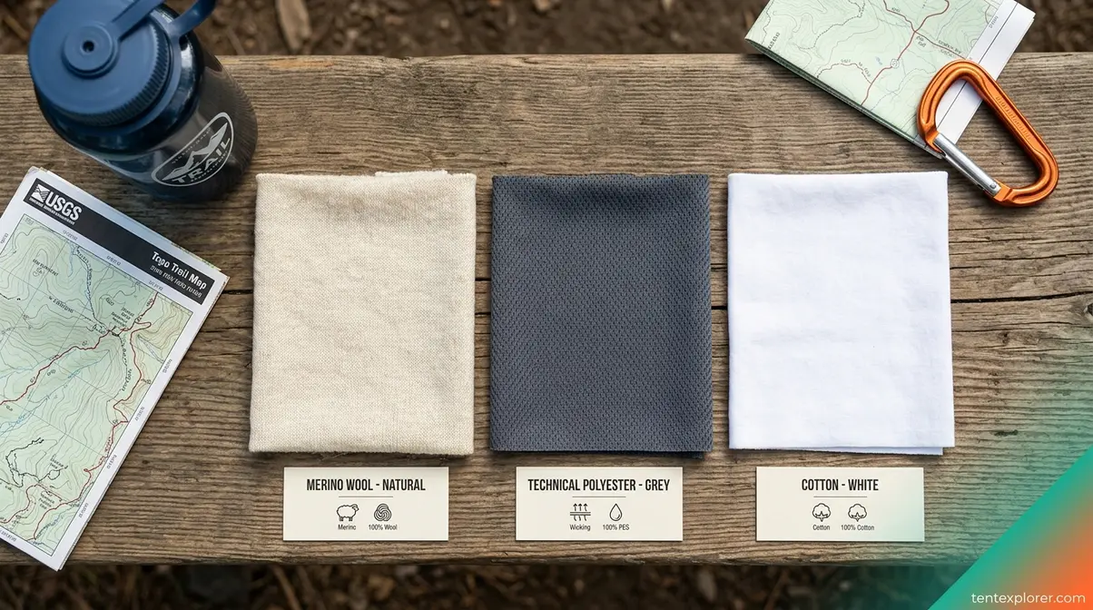Three camping fabric swatches merino wool synthetic polyester and cotton compared side by side