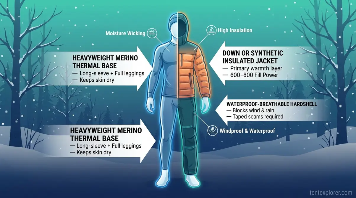 Cold weather camping layering diagram showing base mid shell winter clothing system with material labels