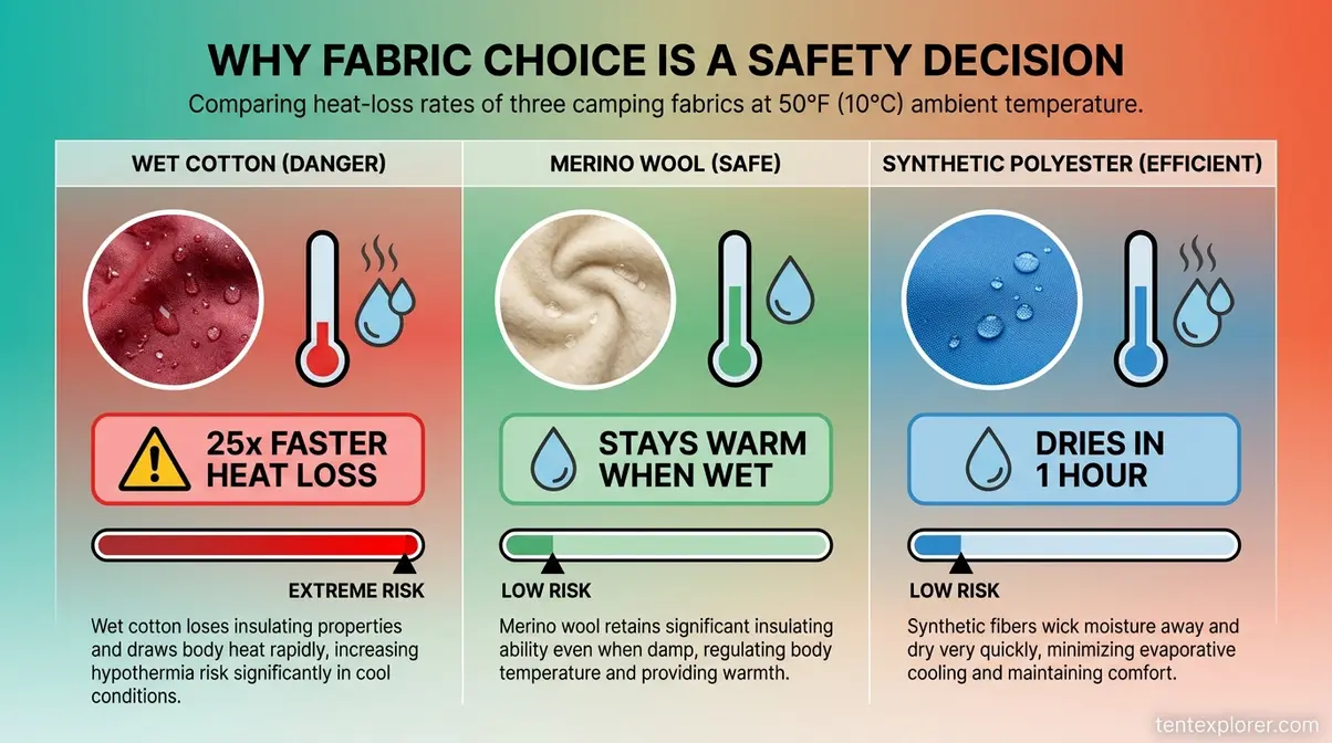 Fabric danger comparison infographic showing wet cotton heat loss versus merino wool and synthetic polyester