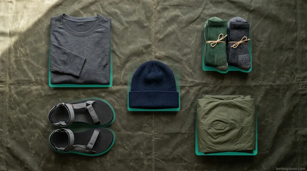 Five most forgotten camping clothing items including sleep base layer extra socks beanie sandals and rain trousers