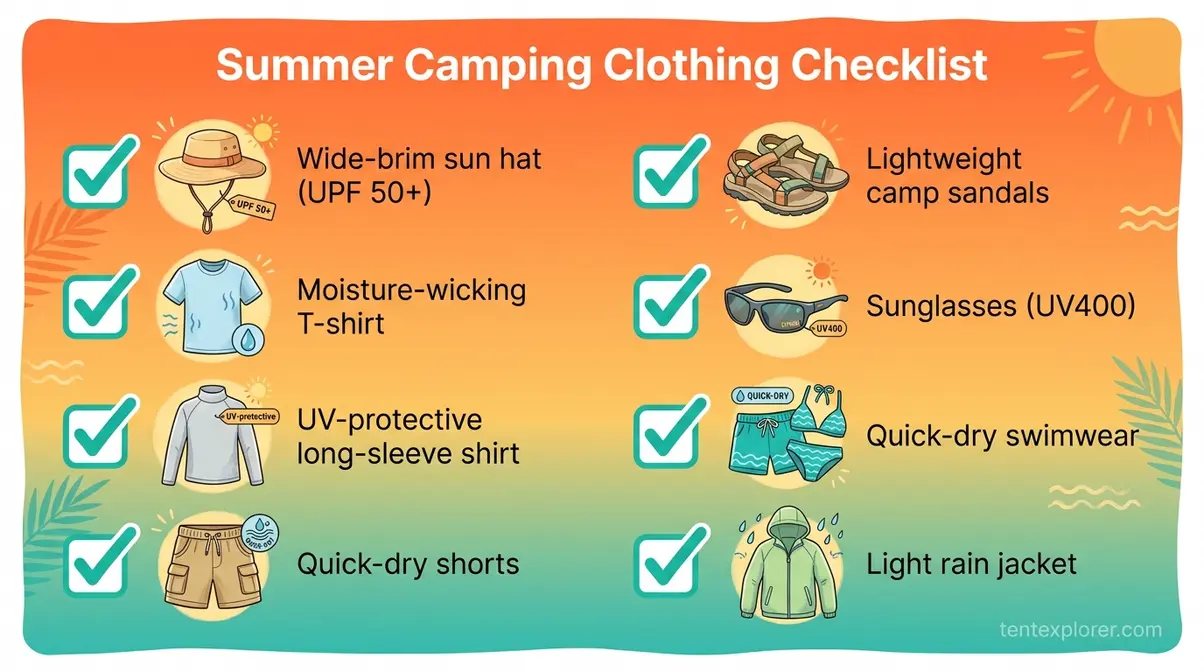 Summer camping clothing checklist showing eight essential items including sun hat and quick-dry fabrics