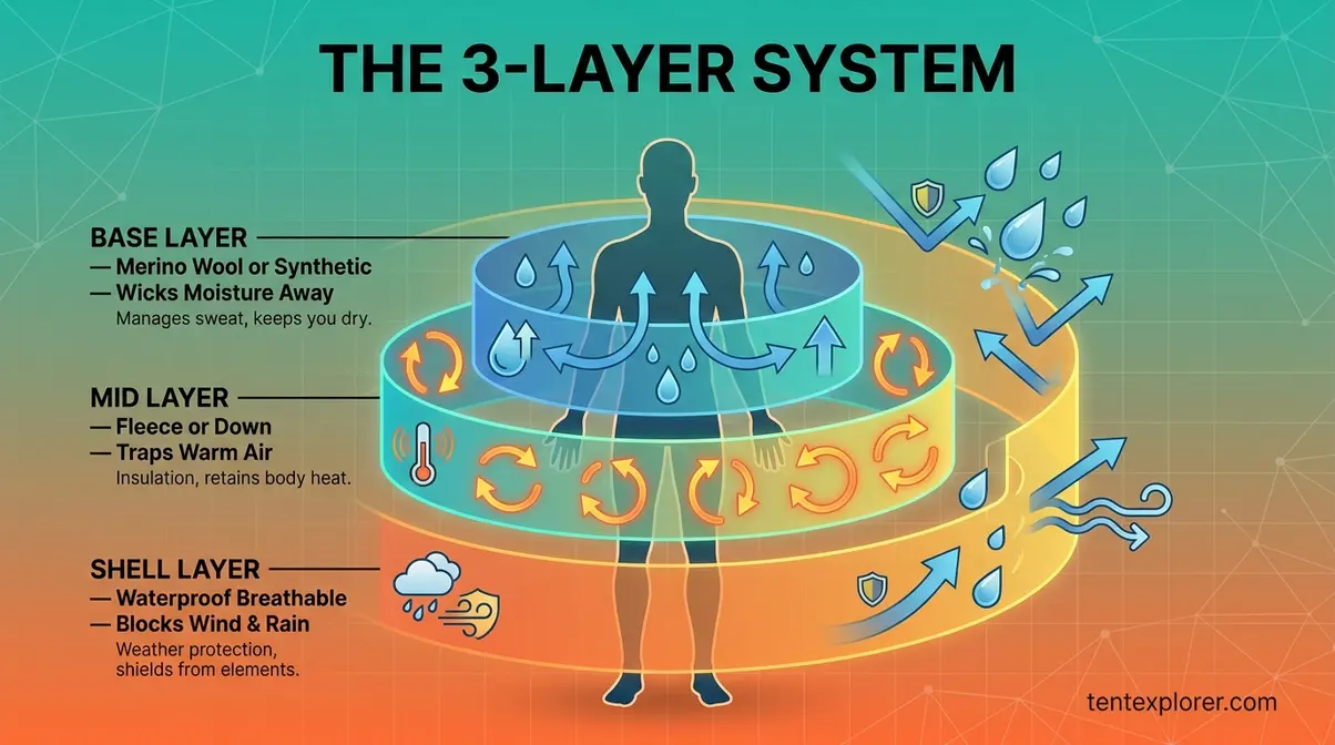 Three-layer camping clothing system diagram showing base mid shell moisture and heat movement