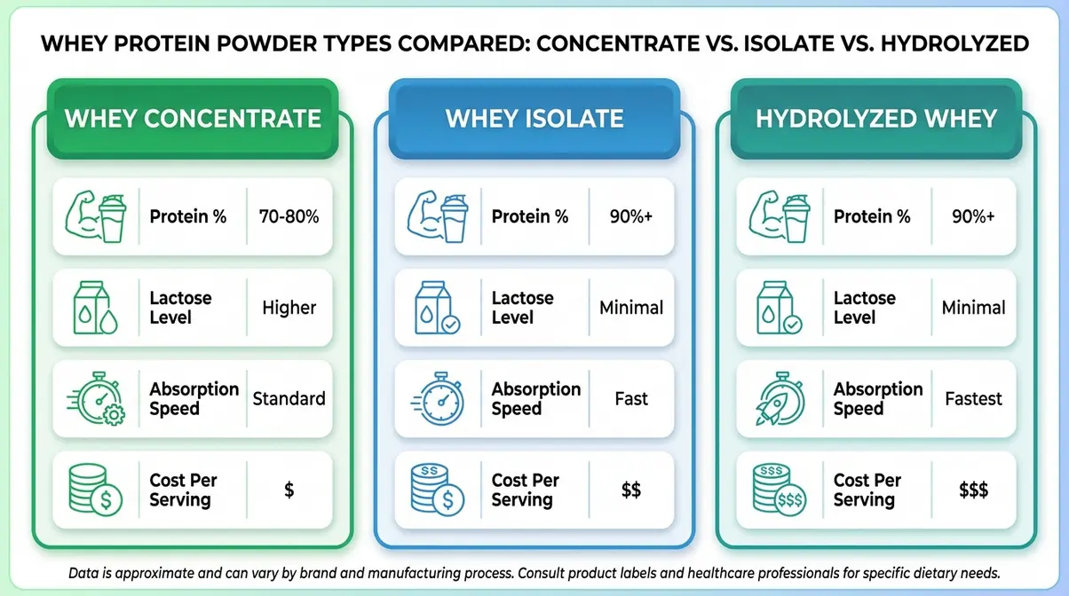 Infographic comparing whey isolate concentrate and hydrolyzed protein percentage lactose and cost