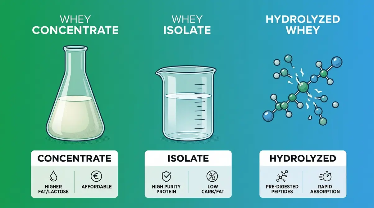 Whey protein buying guide illustration comparing concentrate isolate and hydrolyzed whey types