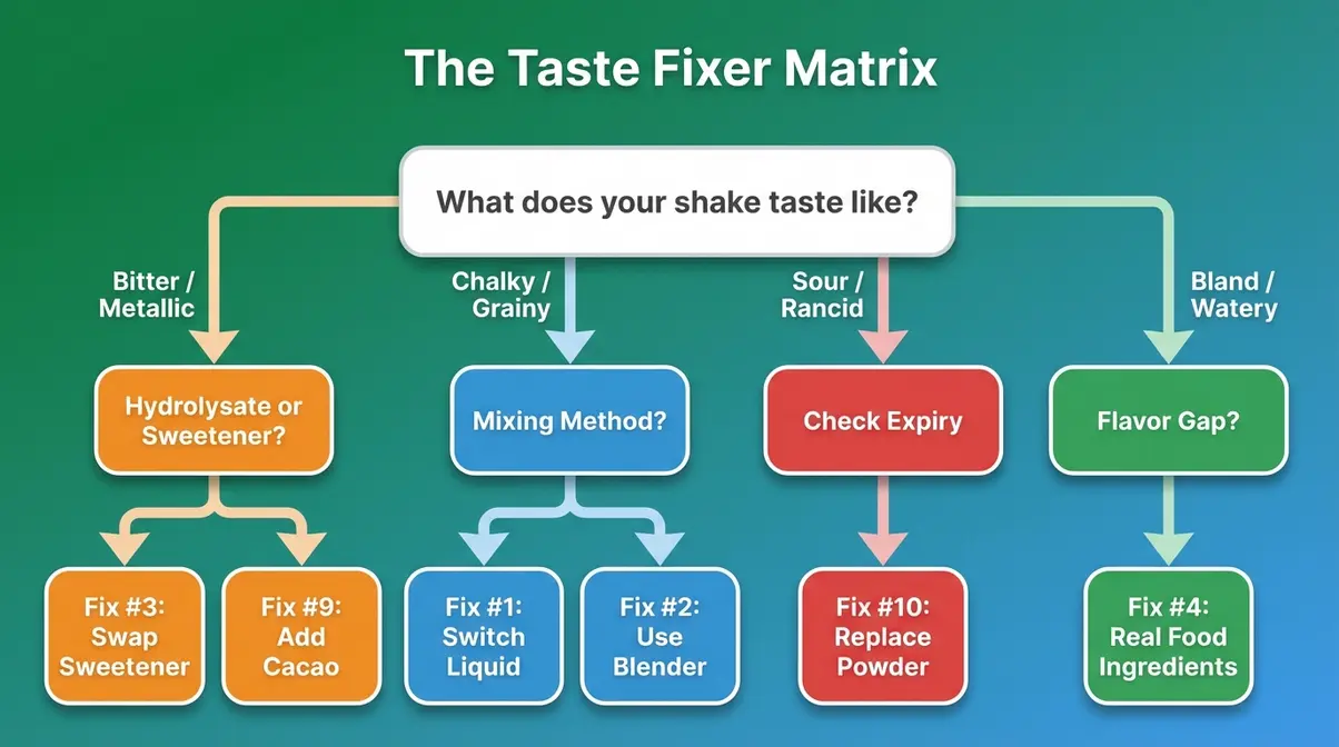 Taste Fixer Matrix flowchart diagnosing whey protein complaints and mapping each to a targeted fix