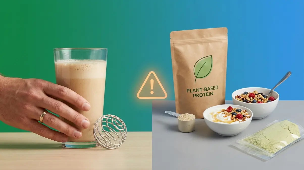 Illustration of when to avoid whey protein showing alternatives like plant-based powder and Greek yogurt