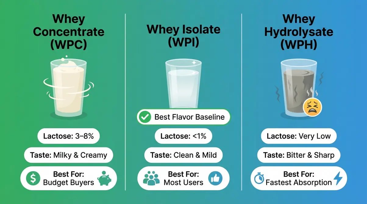 Side-by-side comparison of whey concentrate, isolate, and hydrolysate taste profiles and lactose content