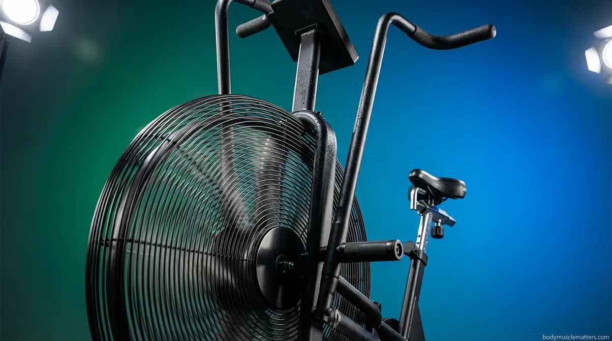 Air bike fan resistance machine showing large spinning fan wheel used for high-intensity full-body cardio workouts