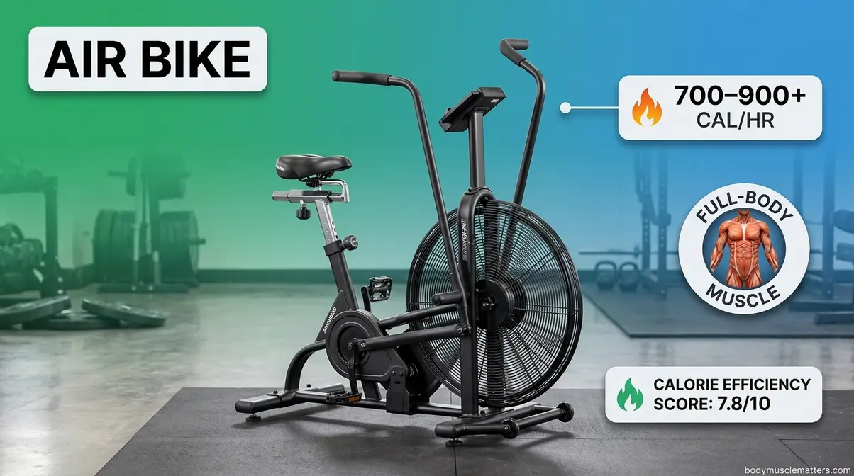 Air bike cardio machine showing fan resistance wheel and dual handlebars for full-body calorie burning workout