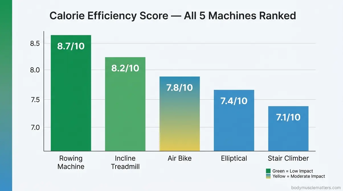 Cardio machine burns the most calories ranked by Calorie Efficiency Score infographic showing all five machines
