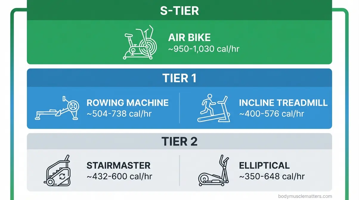 Cardio machine tier list ranking air bike, rowing machine, treadmill, StairMaster, and elliptical by calories burned per hour for a 155 lb person