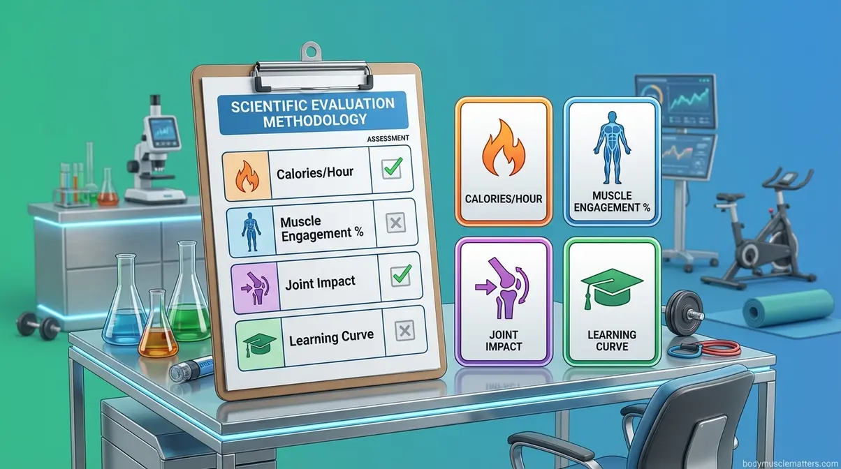 Cardio machine evaluation methodology showing four criteria: calories per hour, muscle engagement, joint impact, and learning curve