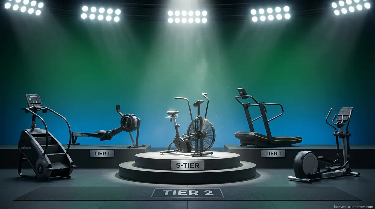 Five cardio machines arranged in tier ranking order showing air bike, rowing machine, treadmill, StairMaster, and elliptical hierarchy