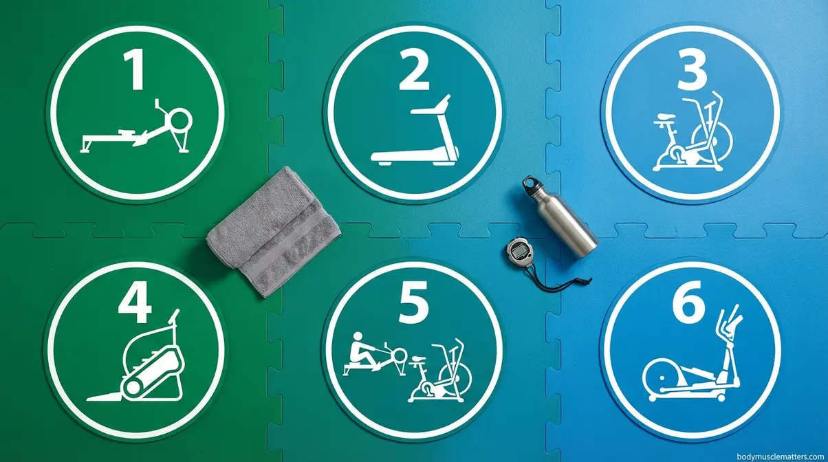 Six cardio workout routine zones laid out overhead showing different machines for targeted calorie-burning sessions