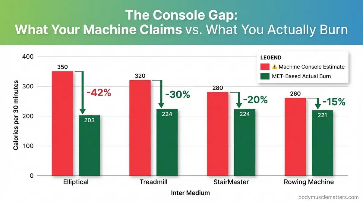 Bar chart showing calorie overestimation gap between machine console readings and verified MET-based calorie burn for four cardio machines