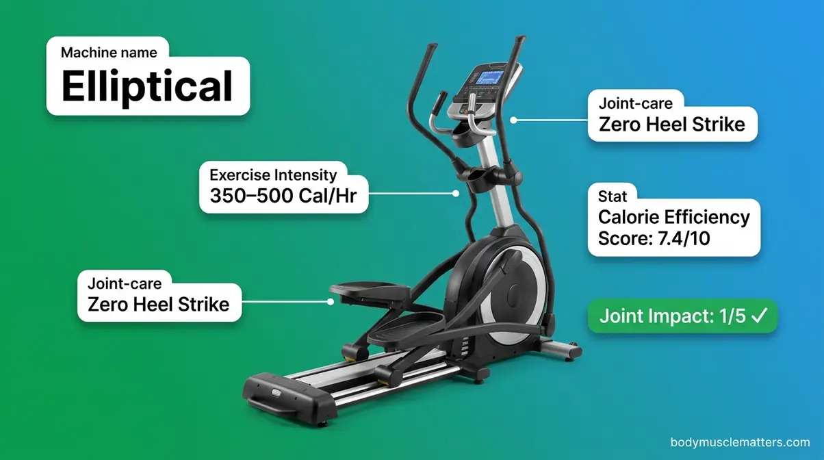Elliptical trainer with moving handlebars showing low-impact zero heel-strike design for beginner cardio workouts