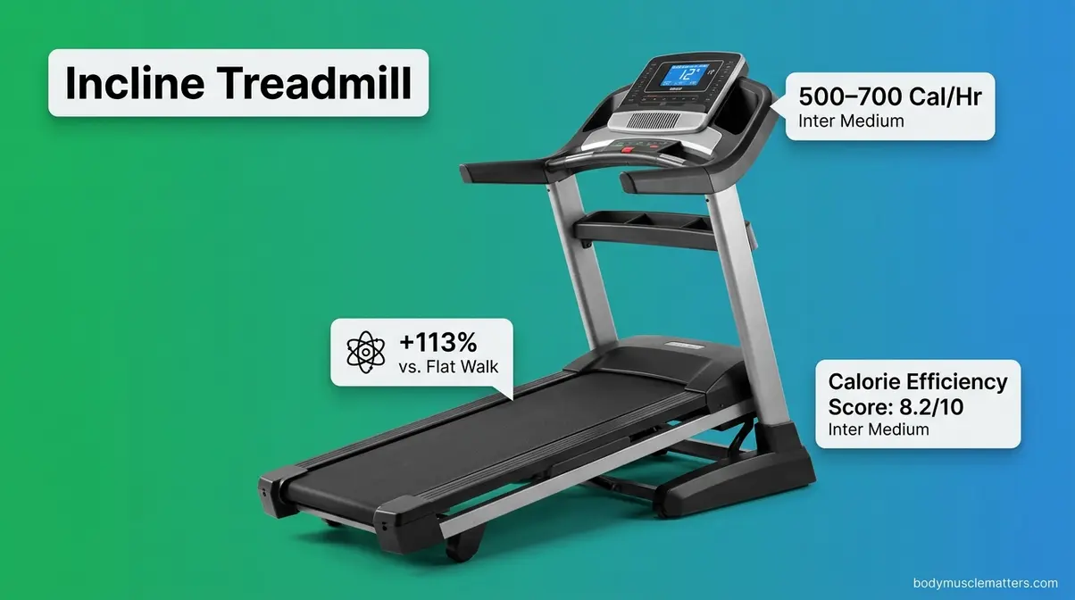 Incline treadmill set to steep angle showing how incline walking dramatically increases calorie burn per hour