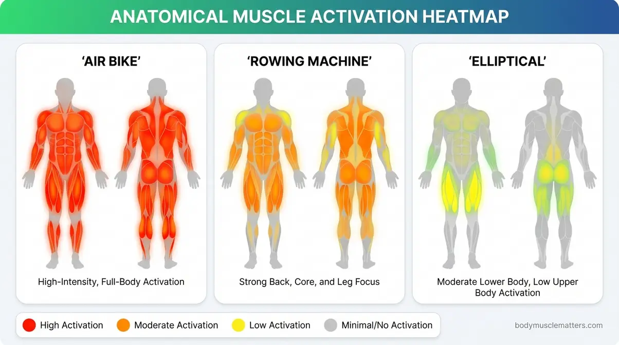 Anatomical heatmap comparing muscle group activation on air bike, rowing machine, and elliptical trainer showing calorie burn differences