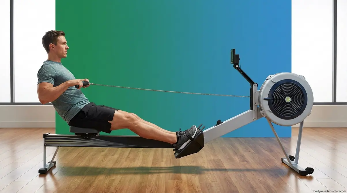 Concept2 rowing machine in full drive position showing complete full-body cardio stroke mechanics