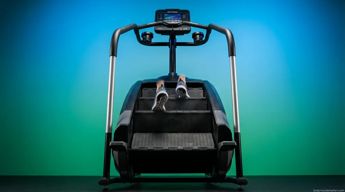StairMaster step climbing machine with rotating paddles in motion and empty handrails showing correct hands-free form