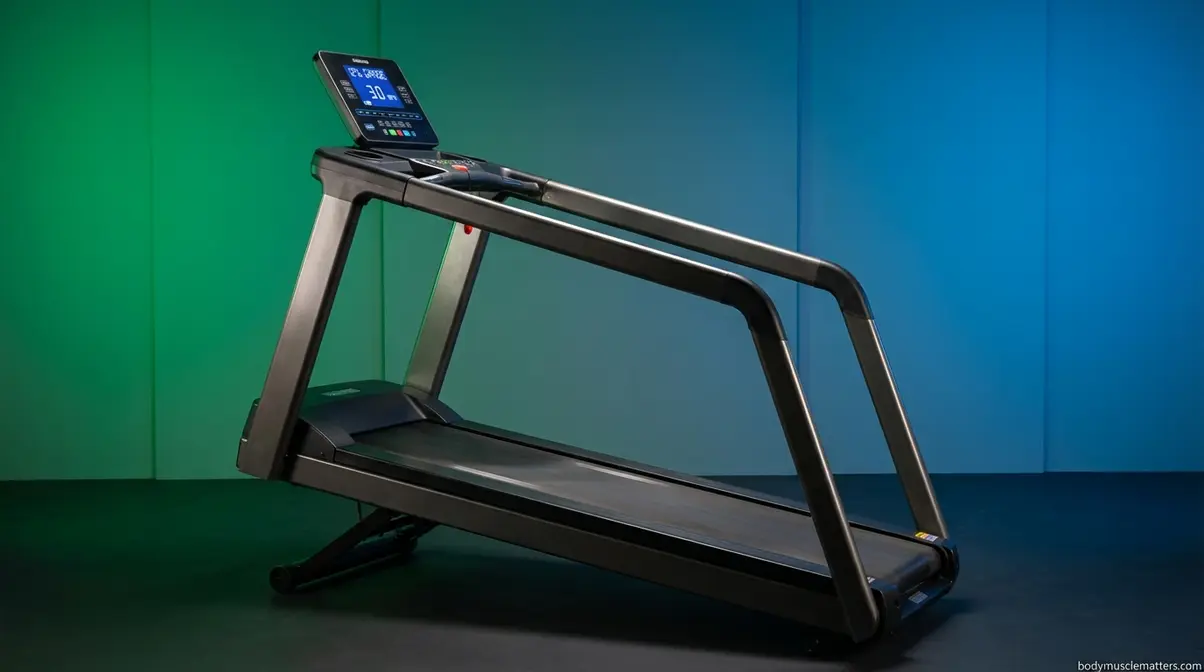 Treadmill set to steep 12 percent incline showing empty handrails and elevated belt for incline walking cardio