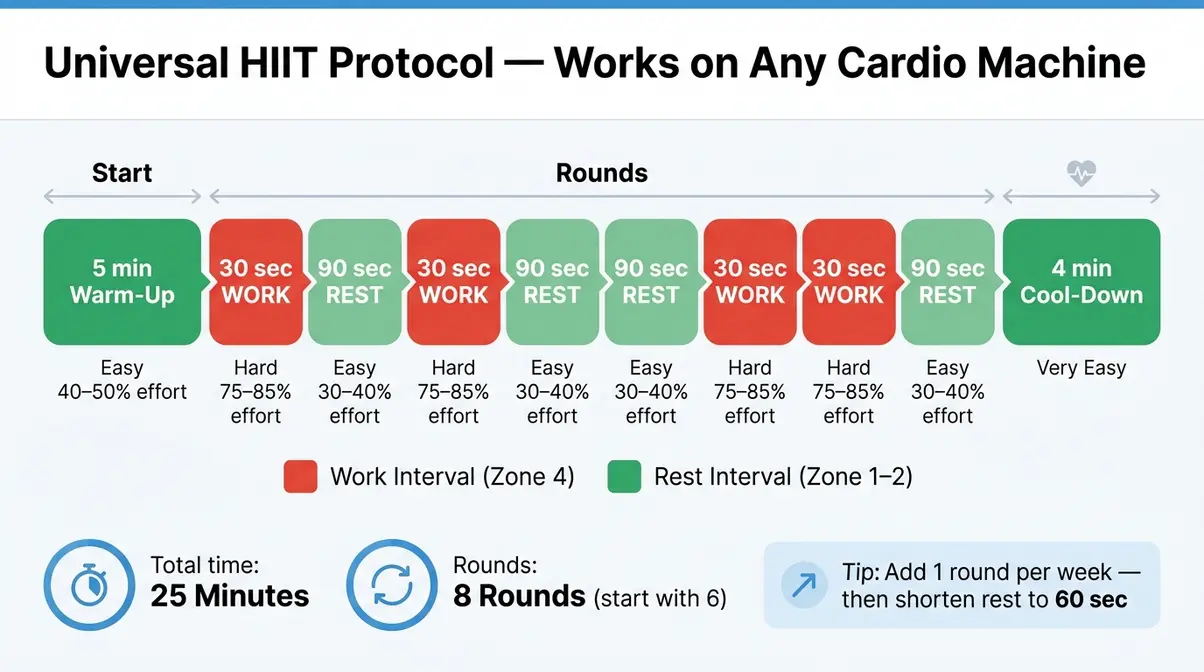 Beginner HIIT interval training protocol cardio machine diagram showing warm-up eight work rest rounds and cool-down