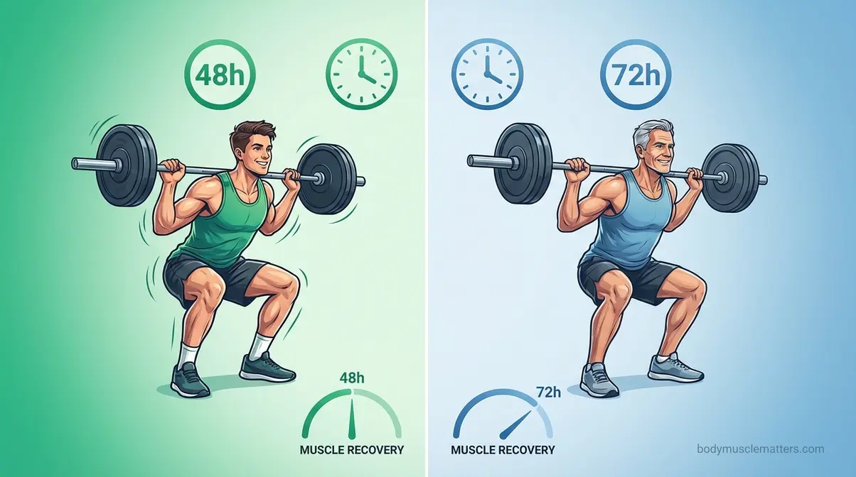Side-by-side illustration comparing 48-hour recovery for younger lifters versus 72-hour recovery for lifters over 40 during muscle training