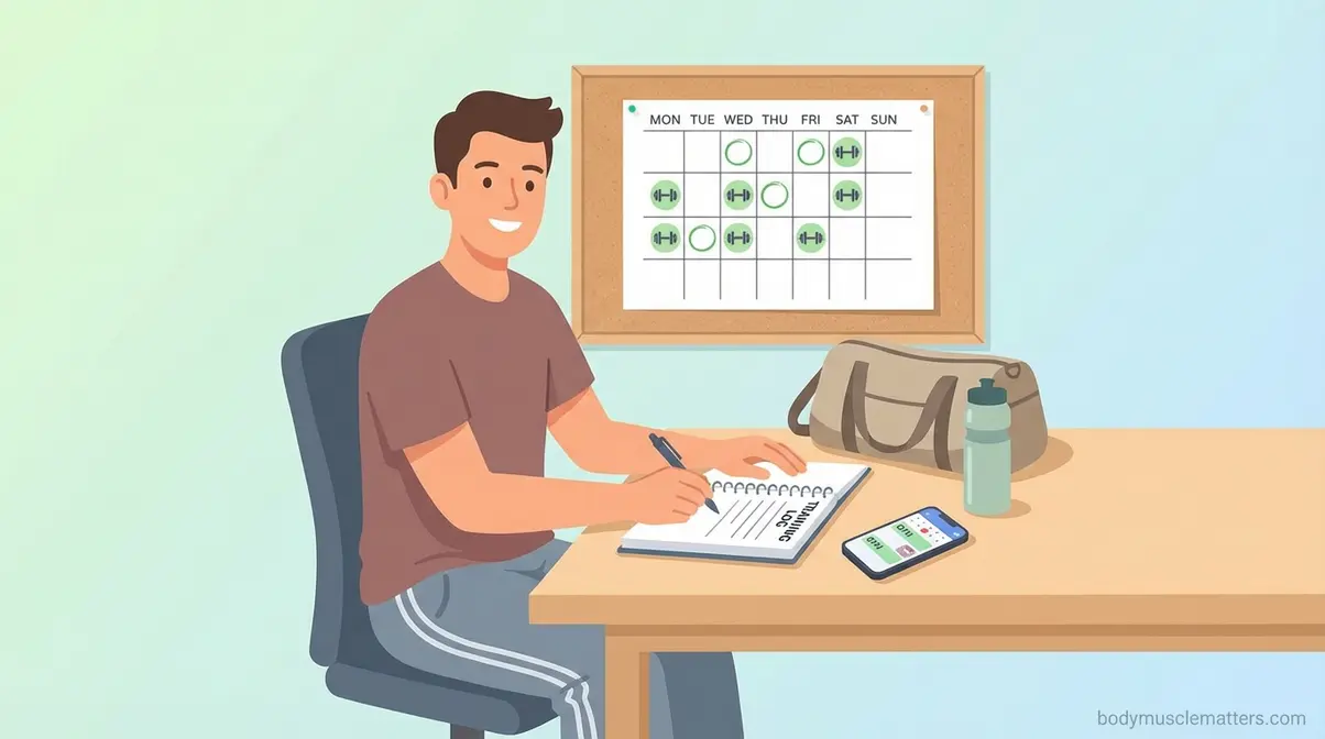 Beginner gym-goer writing in a training log with a weekly schedule calendar on the wall behind them