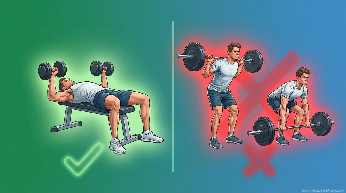 Split scene showing correct muscle group pairing versus dangerous squat and deadlift same-day combination to avoid