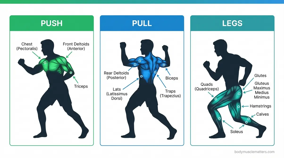 Colour-coded anatomy infographic showing push pull and legs muscle groups to train together with labelled callouts