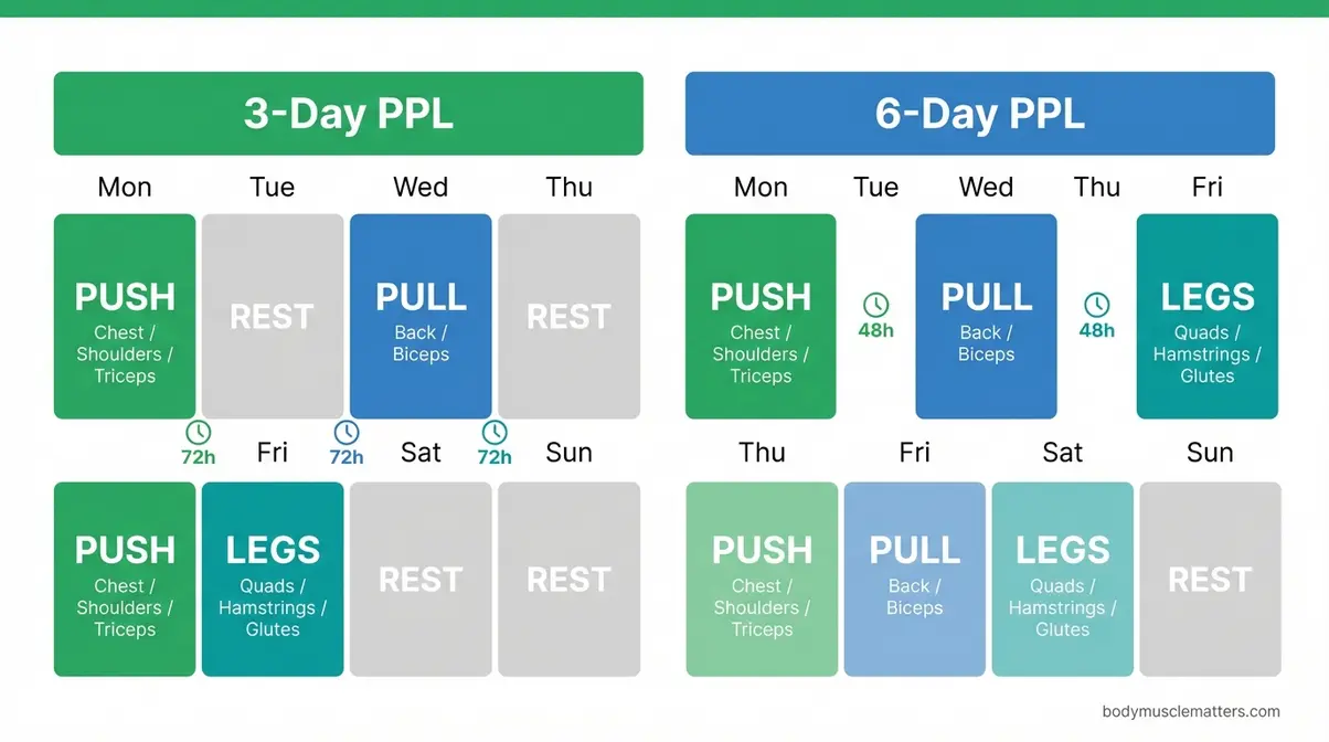 Side-by-side weekly calendar comparing 3-day and 6-day push pull legs muscle group training schedules