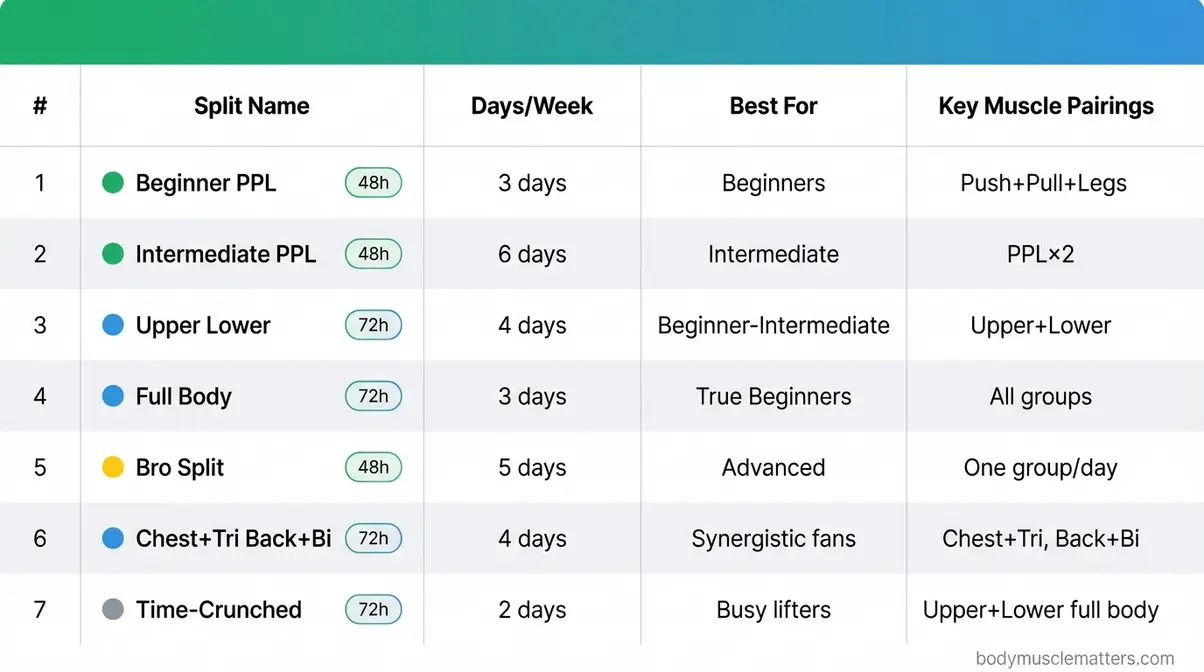 Comparison chart of 7 workout splits showing muscle group pairings from beginner full body to advanced bro split schedules