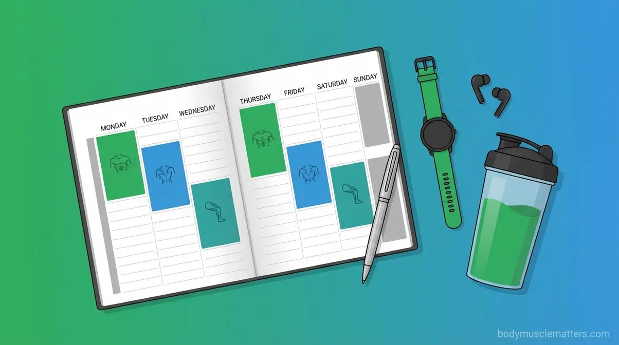 Weekly training planner with colour-coded push pull legs muscle group sessions mapped across a 7-day schedule