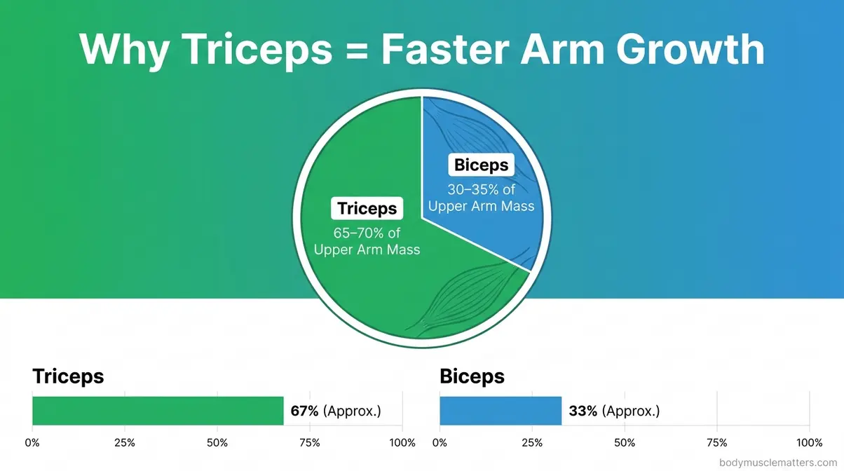 Biceps vs triceps size comparison showing triceps make up 65 to 70 percent of upper arm muscle mass