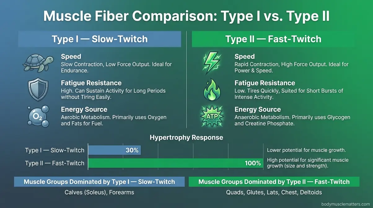 Infographic explaining the Fast-Twitch Advantage showing Type II fast-twitch fiber composition determines which muscles grow fastest