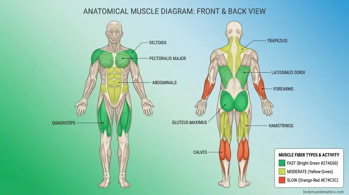 Anatomical chart showing which muscles grow fastest including quads glutes lats chest and deltoids color-coded by growth speed tier