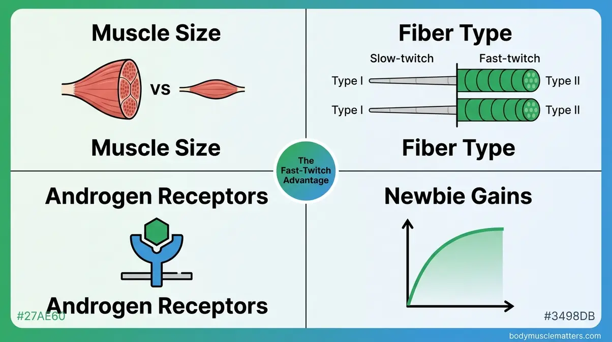 Scientific diagram showing four factors determining muscle growth speed including fiber type androgen receptor density and newbie gains