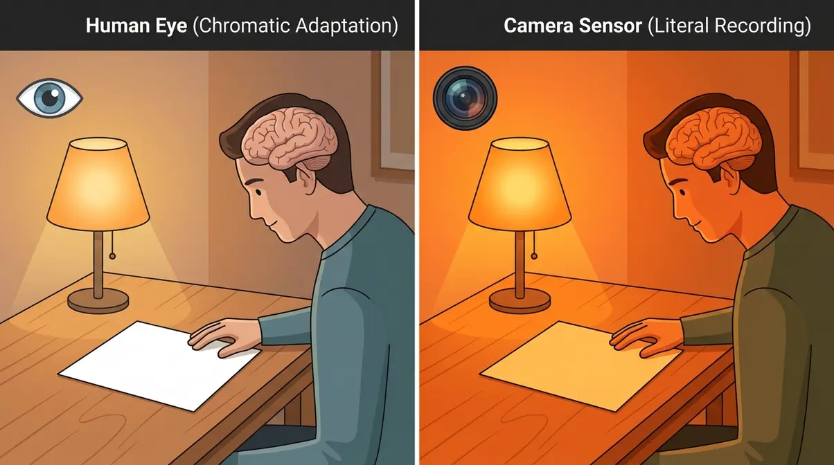 Illustration comparing human chromatic adaptation to camera sensor colour recording under tungsten light
