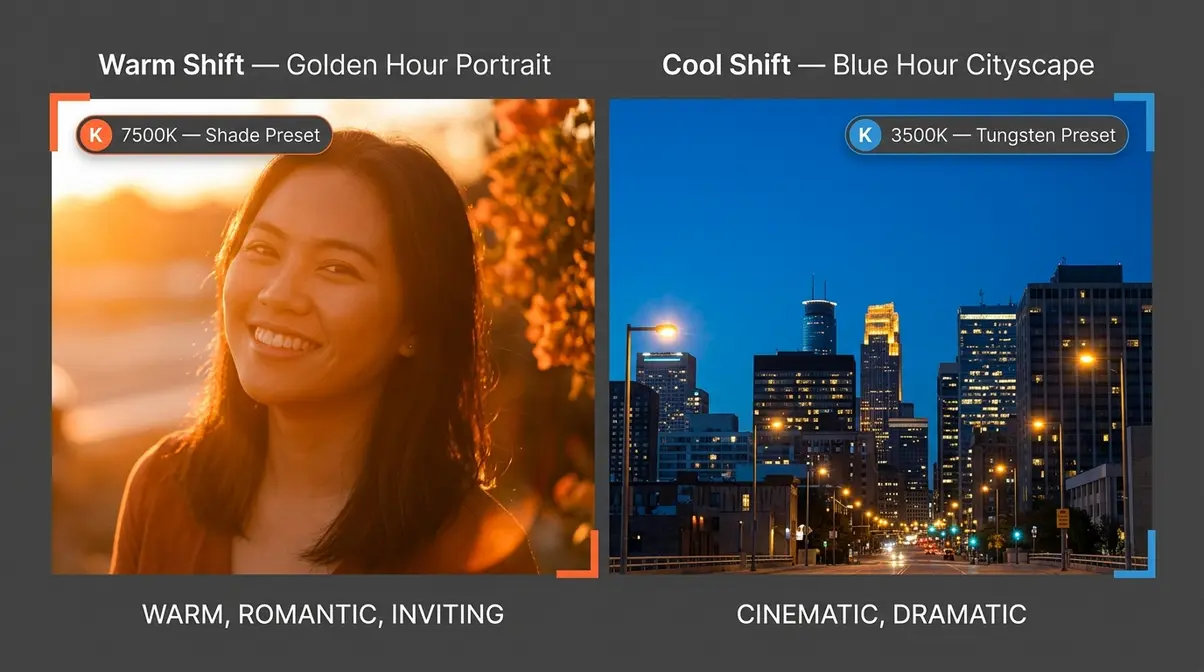 Creative white balance examples showing warm golden portrait at 7500K and cool cinematic cityscape at 3500K