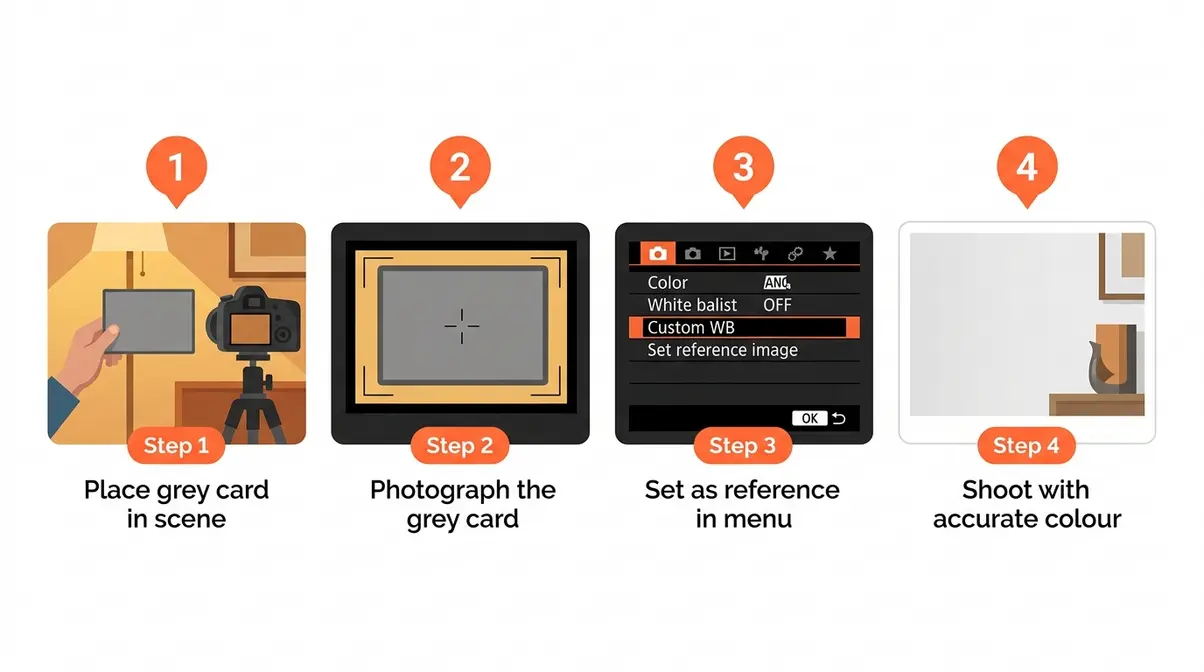 Step-by-step illustration showing how to set custom white balance using a grey card in four steps