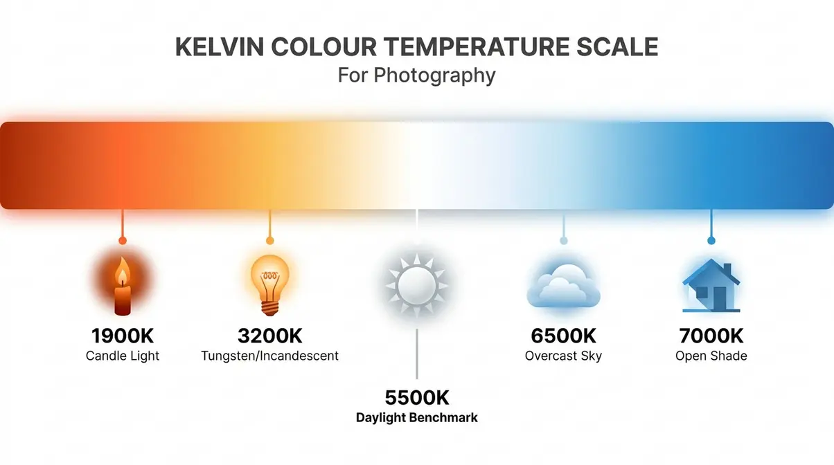 Kelvin scale infographic showing candlelight at 1900K, tungsten at 3200K, daylight at 5500K, and shade at 7000K